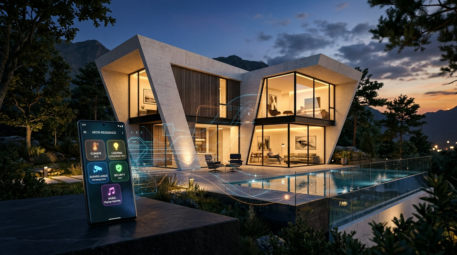 Smart building at dusk with a control app