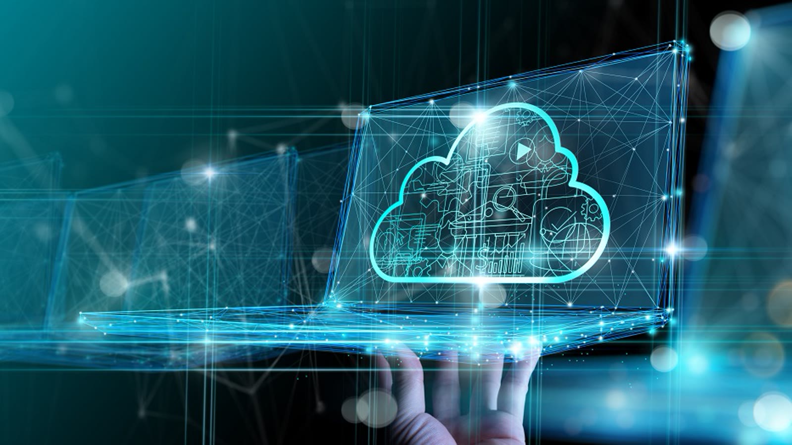 Cloud infrastructure hologram over a laptop