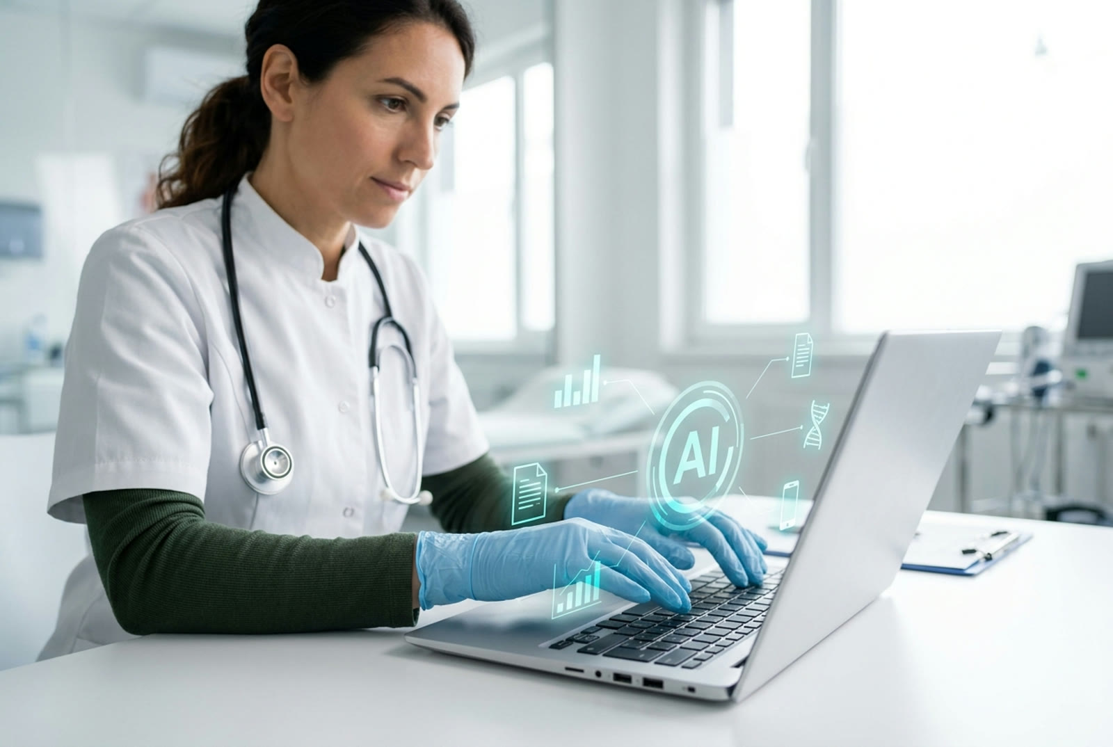 Medical professional using an AI assistant on a laptop